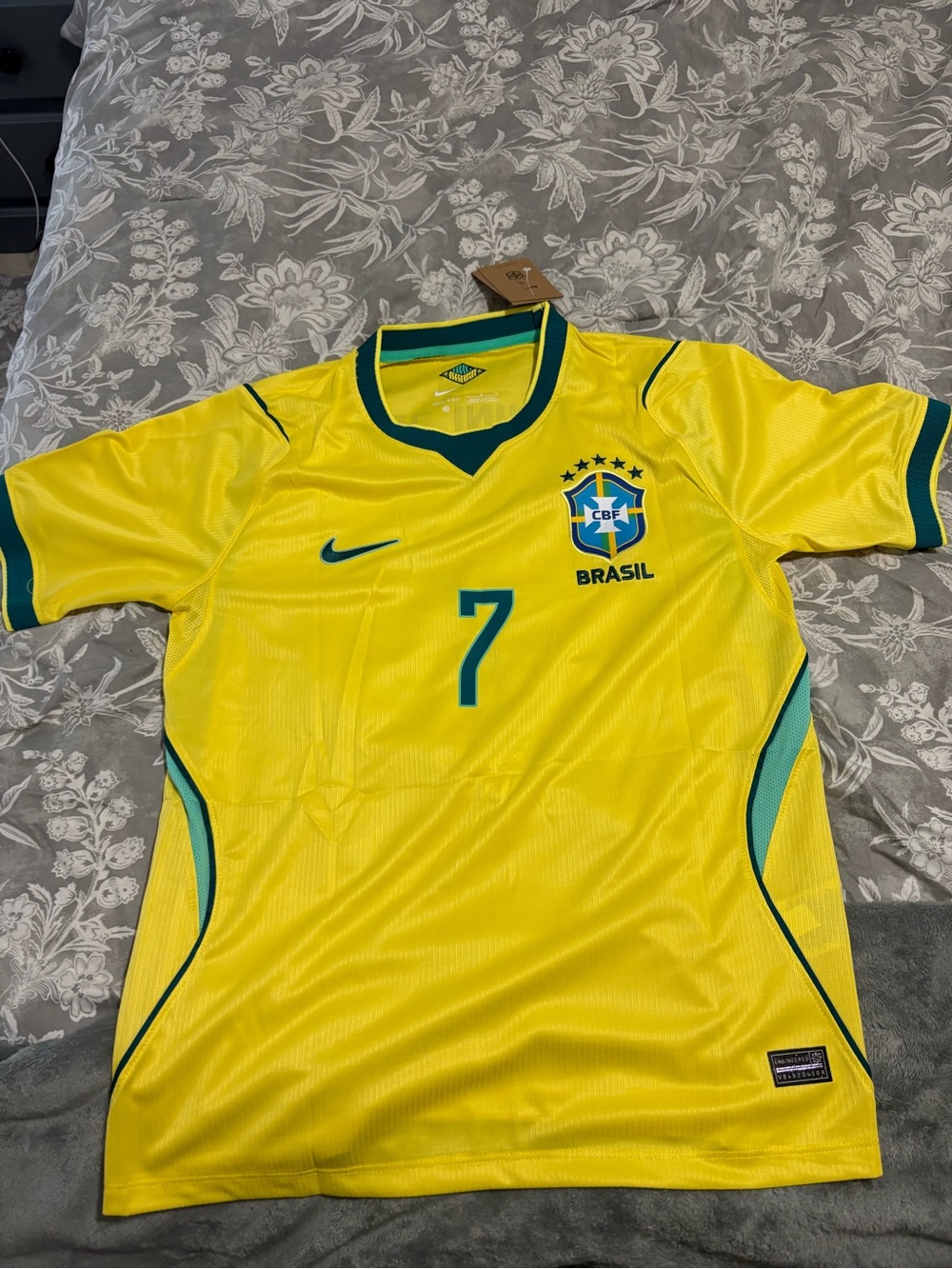 Nike Yellow Brazil #7 Soccer Jersey with Green Accents